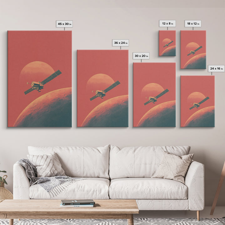 Coral Mars Satellite Over Desert Planet Canvas Print, Minimal Retro Space Poster, Mid Century Modern Home Office Decor Gift