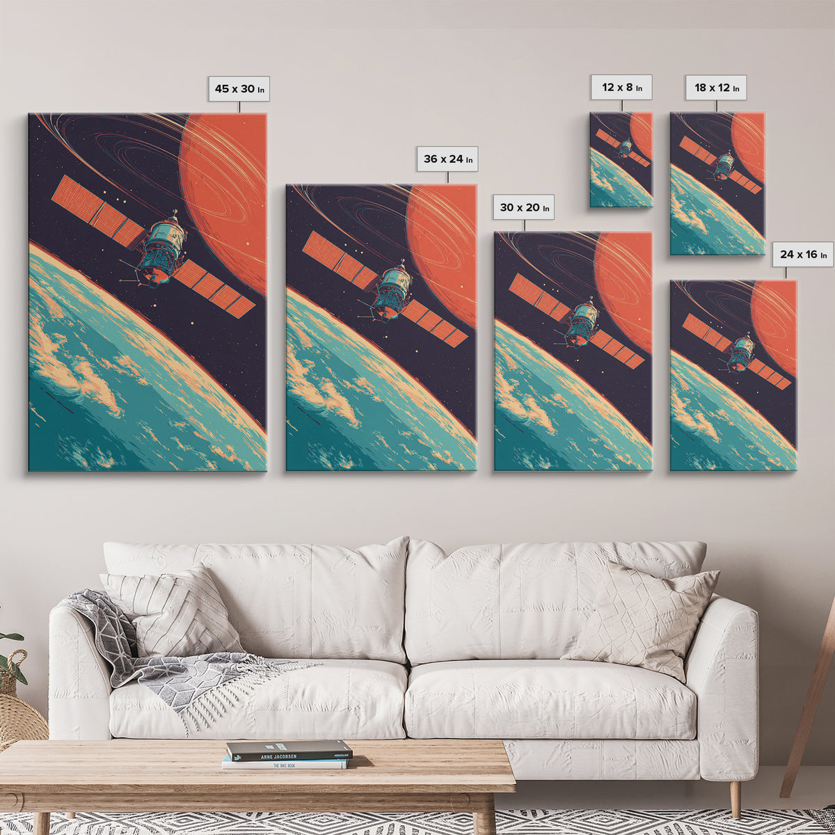 Satellite Orbiting Earth With Ringed Red Planet Framed Canvas Print, Retro Space Poster, Mid Century Modern Wall Decor Gift