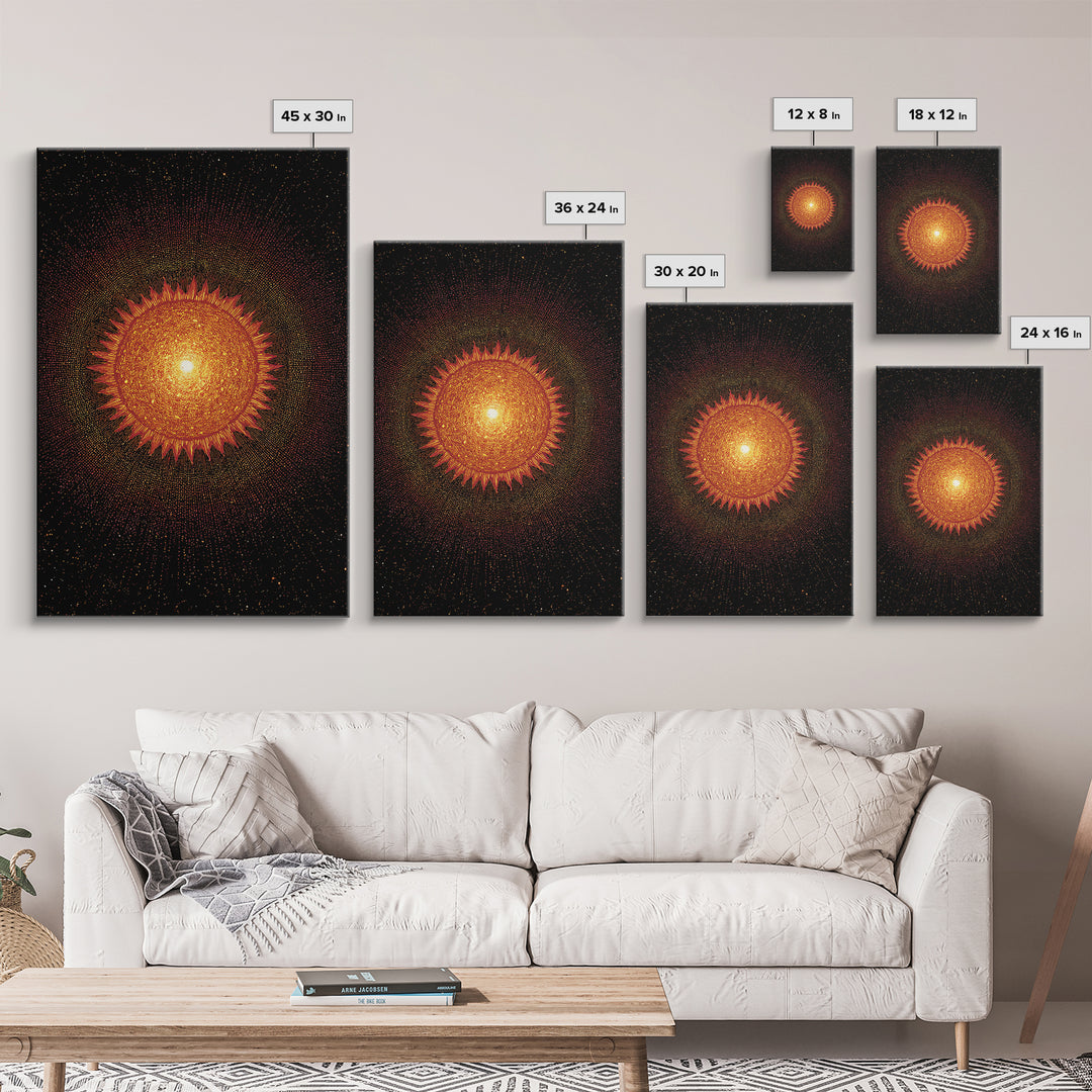 Fiery Abstract Sun Mandala On Black Wall Art, Cosmic Retro Poster, Mid Century Modern Decor, Orange Celestial Print Gift