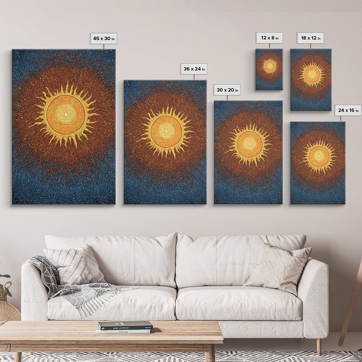 Radiant Orange Sunburst With Blue Texture Canvas Print, Cosmic Wall Art, Mid Century Modern Poster, Groovy Retro Decor Gift