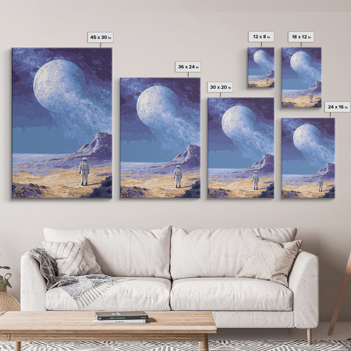 Lonely Astronaut On Icy Moon Wall Art, Retro Sci Fi Space Poster, Blue Planet Landscape, Modern MCM Room Decor Print Gift