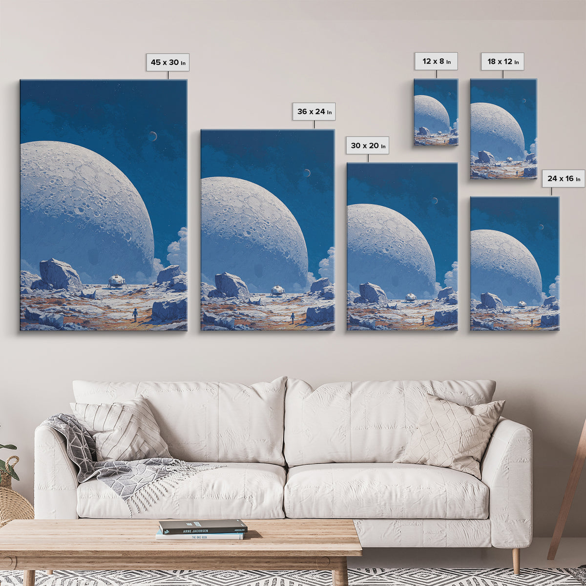 Blue Lunar Base With Astronaut Wall Art, Giant Moon Sci Fi Poster, Modern Space Landscape, Retro Futuristic Room Decor Print