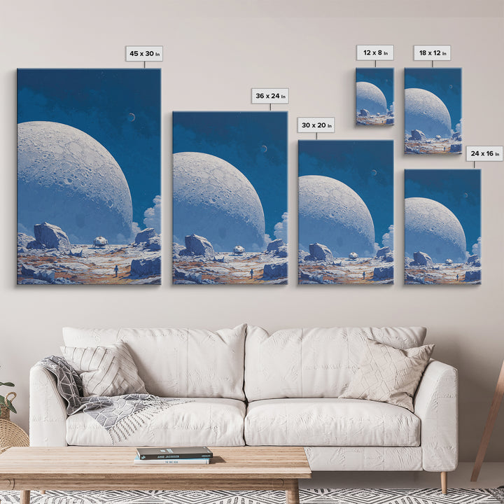 Blue Lunar Base With Astronaut Wall Art, Giant Moon Sci Fi Poster, Modern Space Landscape, Retro Futuristic Room Decor Print