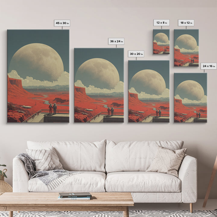 Red Mars Desert Astronauts Framed Canvas Print, Giant Moon Space Poster, Retro Sci Fi Landscape, Midcentury Modern Decor