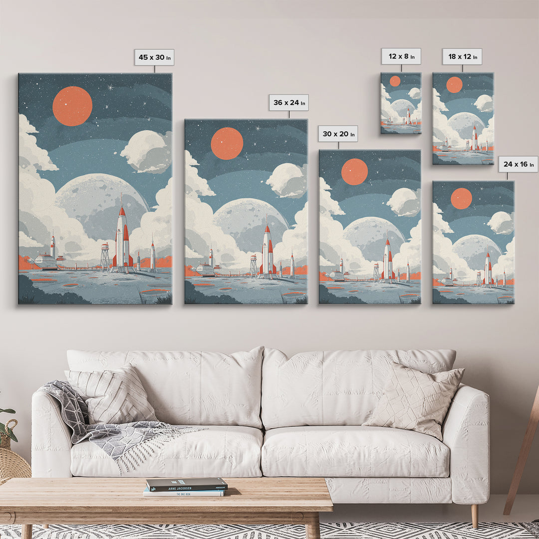 Retro Rocket Spaceport In Clouds Canvas Print, Moon Colony Wall Art Poster, Midcentury Modern Sci Fi Nursery Room Decor Print