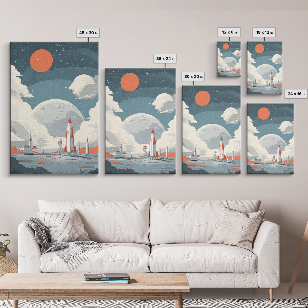 Retro Rocket Spaceport In Clouds Canvas Print, Moon Colony Wall Art Poster, Midcentury Modern Sci Fi Nursery Room Decor Print