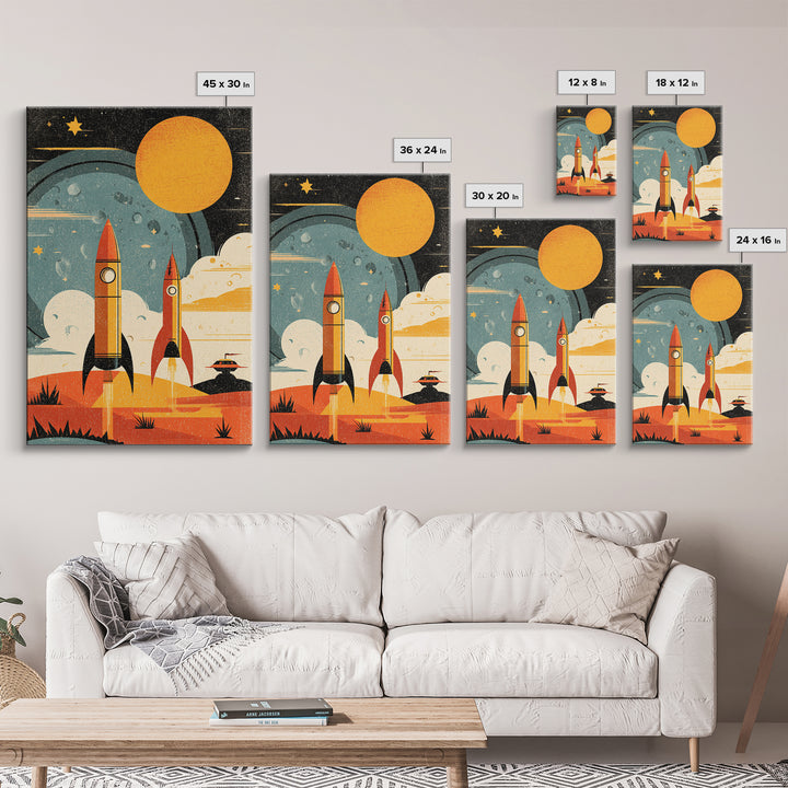 Orange Atomic Rockets And Sun Wall Art, Retro Space Age Poster, Midcentury Modern Sci Fi Decor, Bold MCM Canvas Print Gift