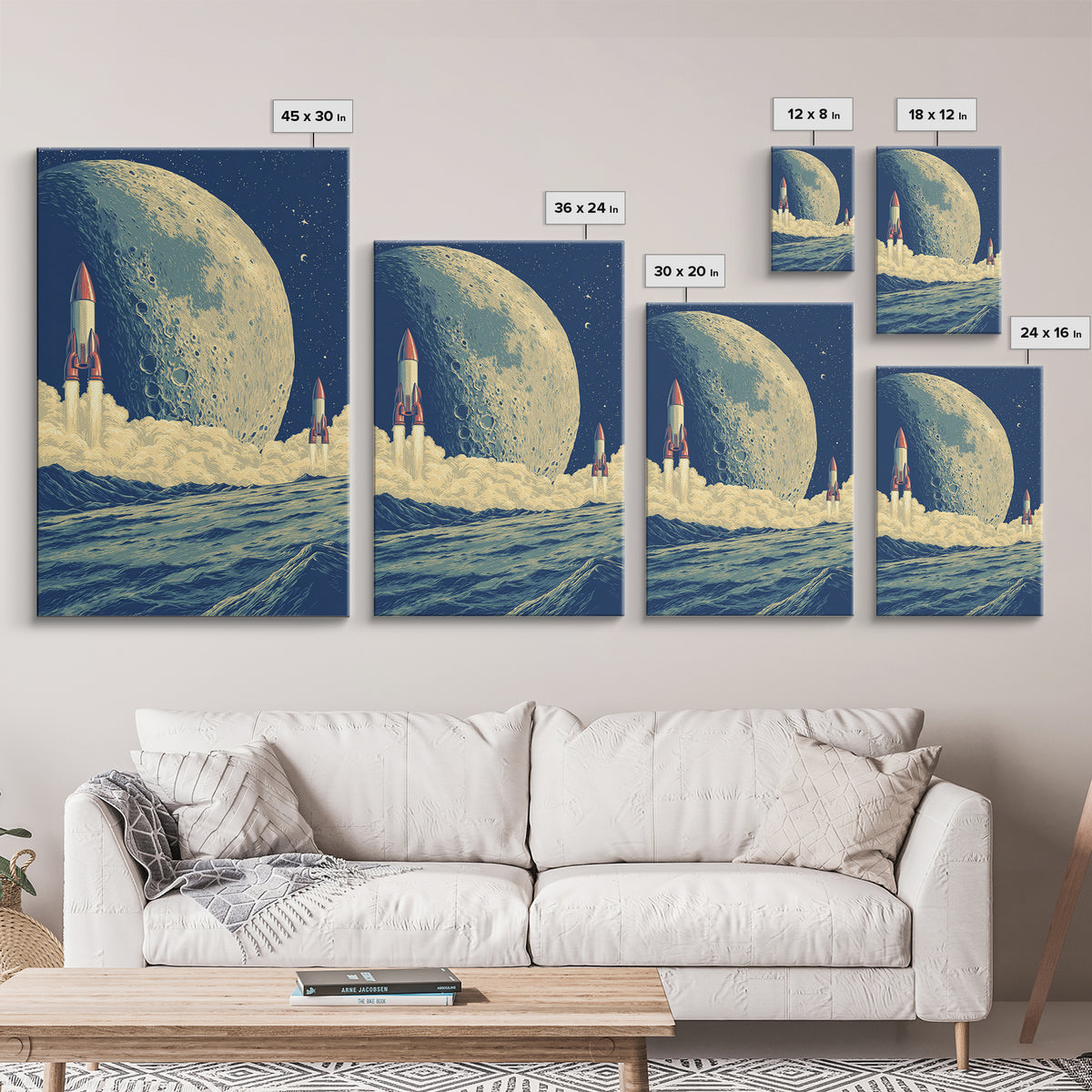 Rockets Launch From Lunar Waves Canvas Print, Giant Moon Sci Fi Poster, Retro Futuristic Wall Art, Space Age Room Decor Print