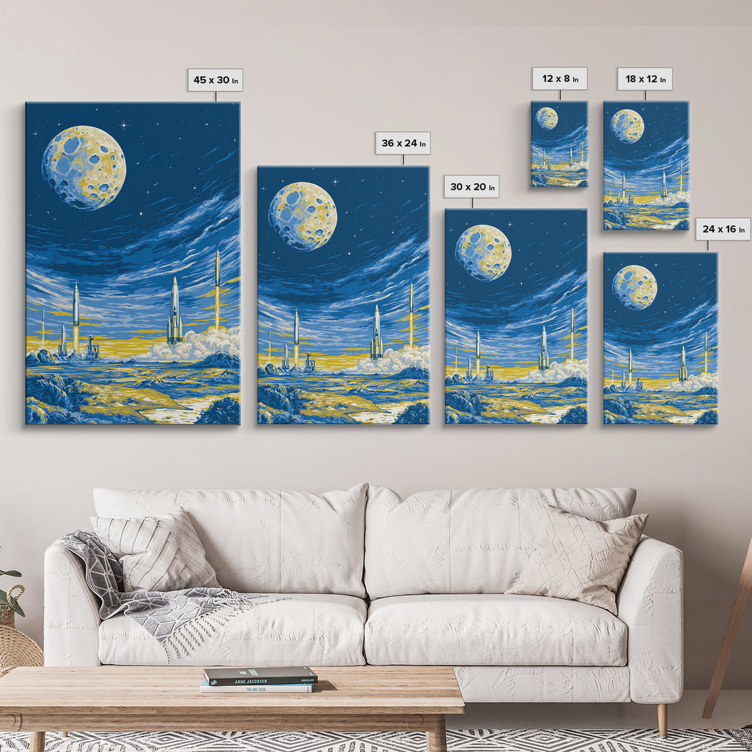 Blue Moon Rocket Colony Wall Art, Yellow Lunar Landscape Poster, Retro Sci Fi Space Decor, Midcentury Modern Room Print Gift