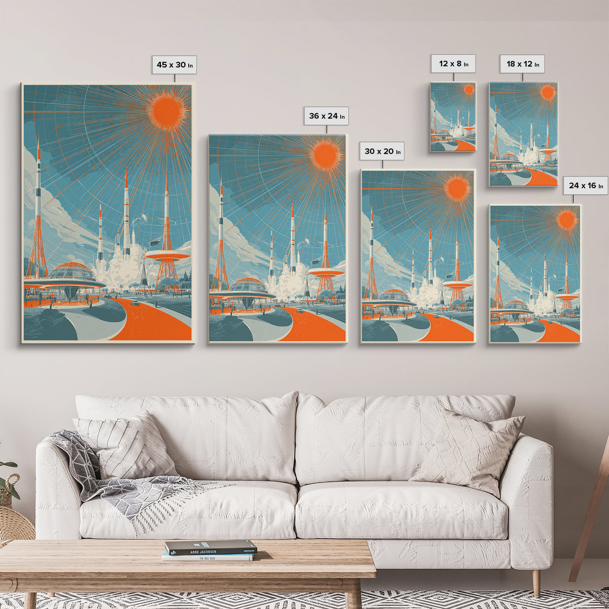 Retro Futuristic Rocket City Wall Art, Orange Sun Spaceport Poster, Midcentury Modern Sci Fi Decor, Atomic Ranch Print Gift