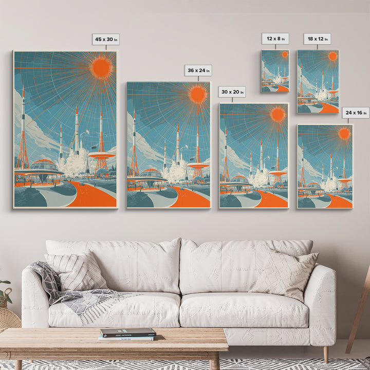 Retro Futuristic Rocket City Wall Art, Orange Sun Spaceport Poster, Midcentury Modern Sci Fi Decor, Atomic Ranch Print Gift