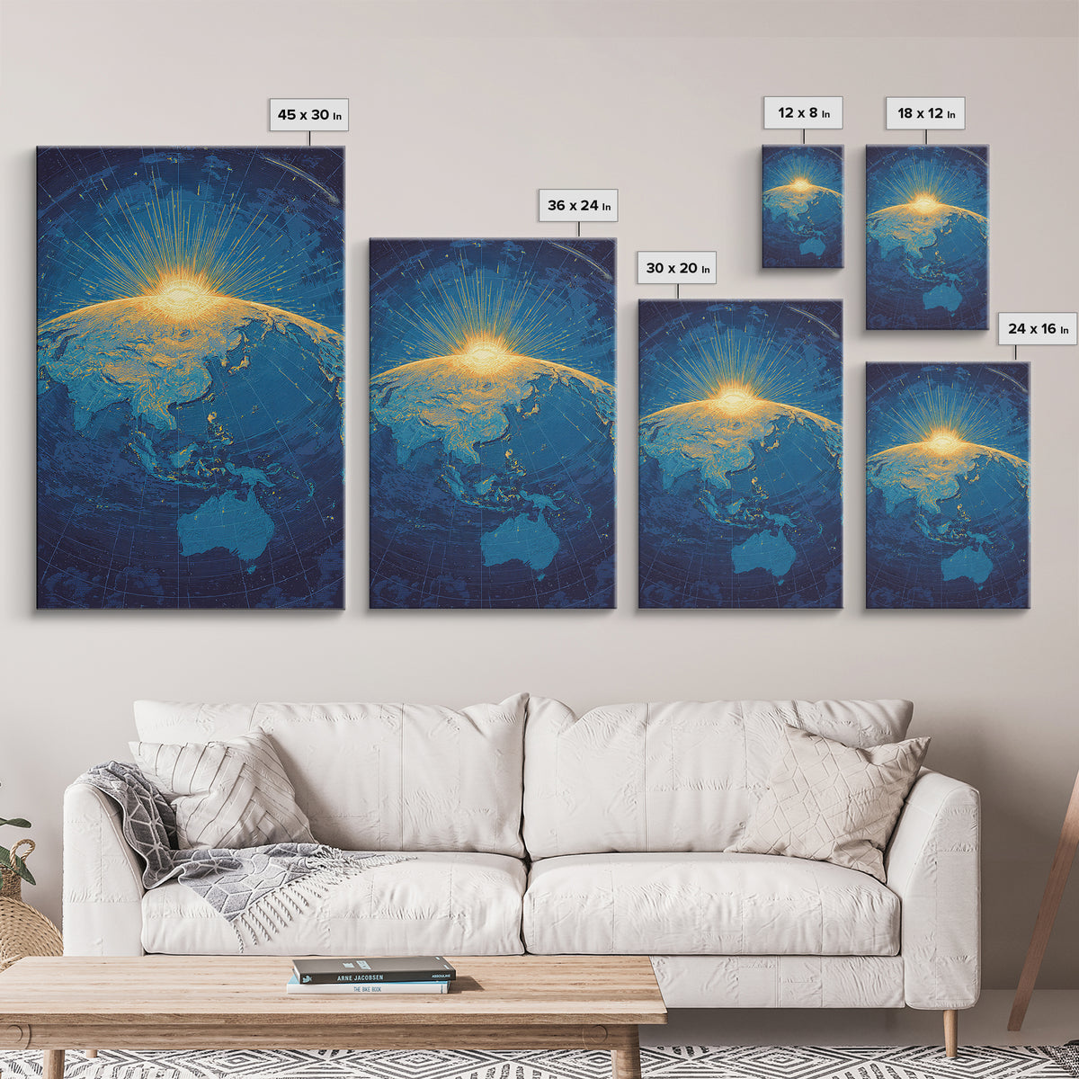 Golden Sunrise Over Earth Canvas Print, Midcentury Modern Map Art, Blue Space Poster, Retro Travel Office Wall Decor Gift