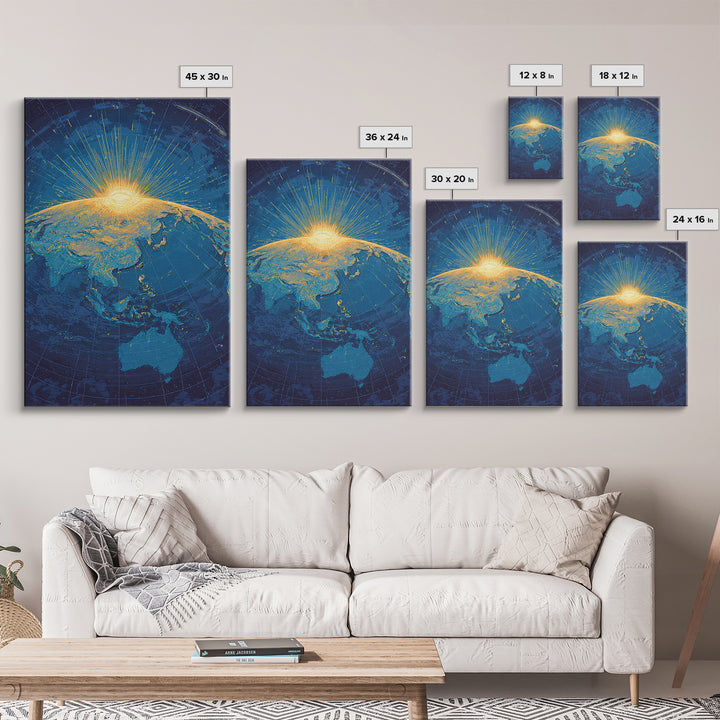 Golden Sunrise Over Earth Canvas Print, Midcentury Modern Map Art, Blue Space Poster, Retro Travel Office Wall Decor Gift