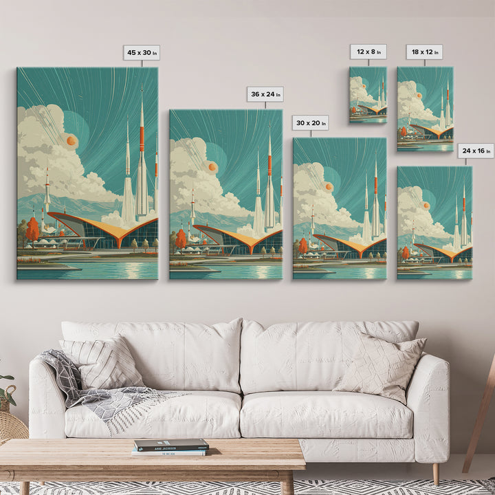 Retro Futuristic Rocket Spaceport With Teal Sky Wall Art, Mid Century Modern Sci Fi Poster, Atomic MCM Space Decor Print