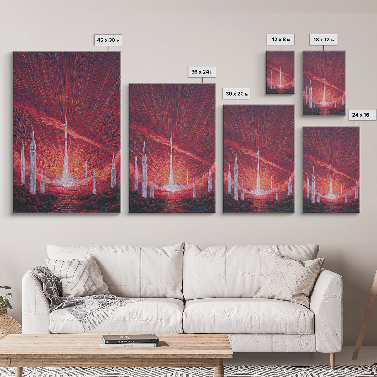Fiery Red Rocket City At Sunrise Wall Art, Mid Century Modern Sci Fi Poster, Atomic Space Landscape, Retro MCM Decor Print