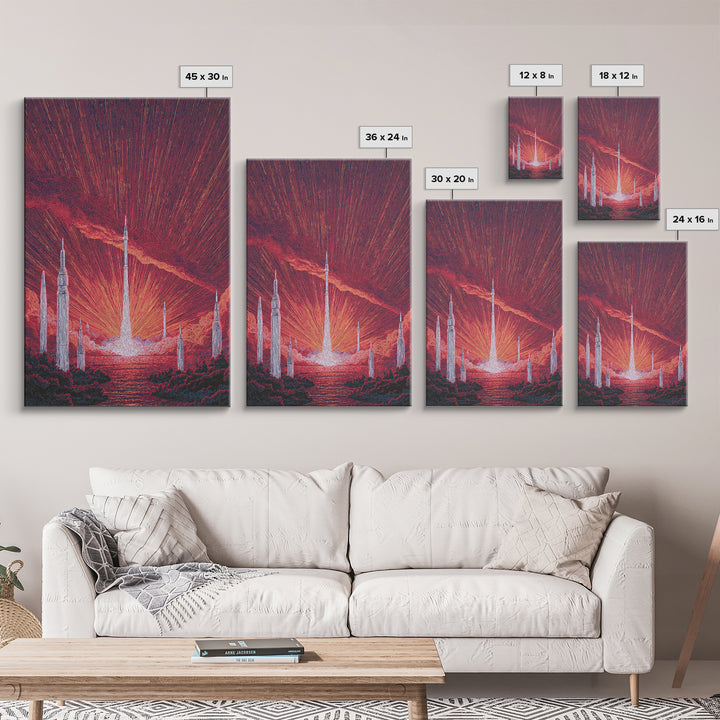 Fiery Red Rocket City At Sunrise Wall Art, Mid Century Modern Sci Fi Poster, Atomic Space Landscape, Retro MCM Decor Print