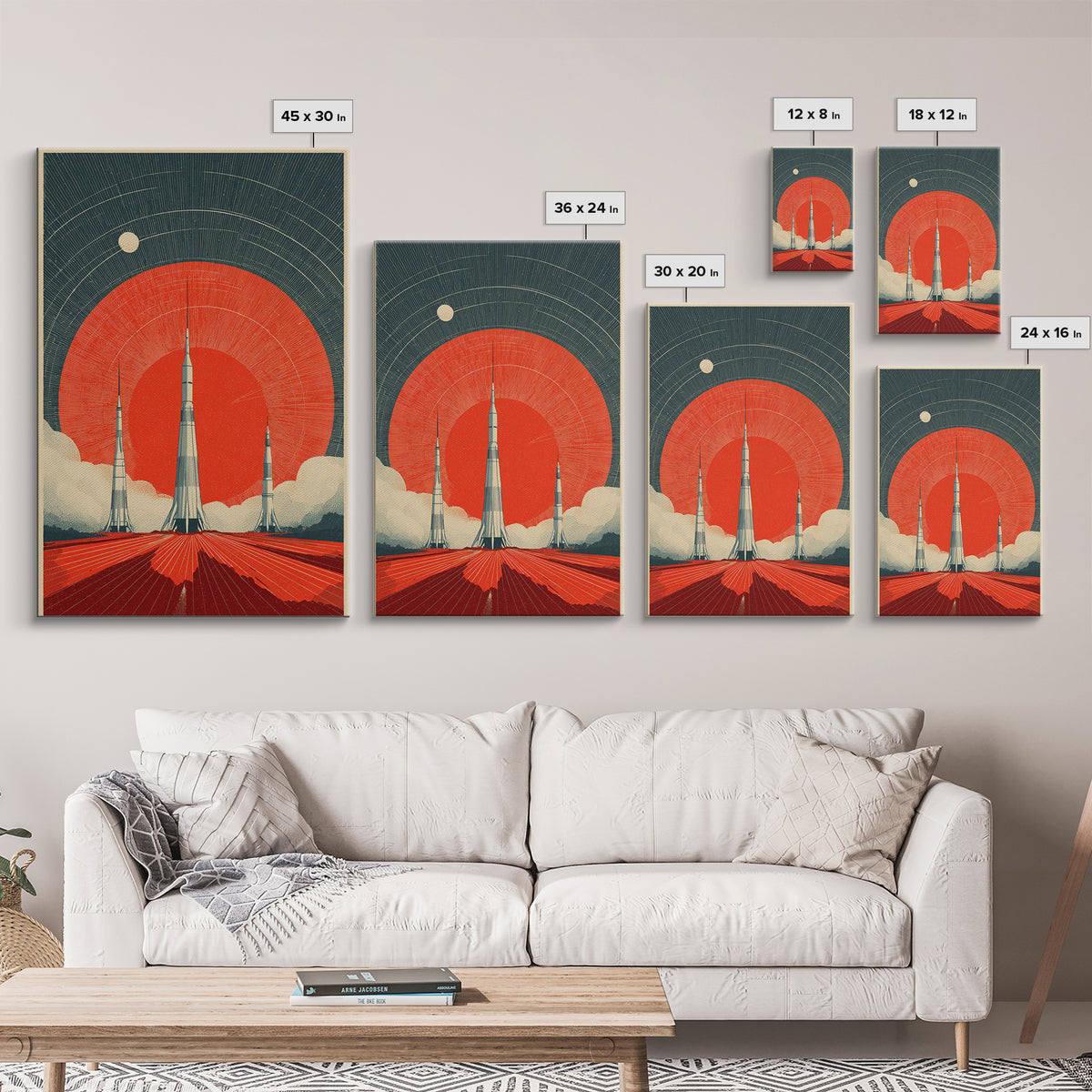 Giant Red Sun Rocket Launch Canvas Print, Mid Century Modern Sci Fi Poster, Atomic Space Art, Retro MCM Wall Decor Print