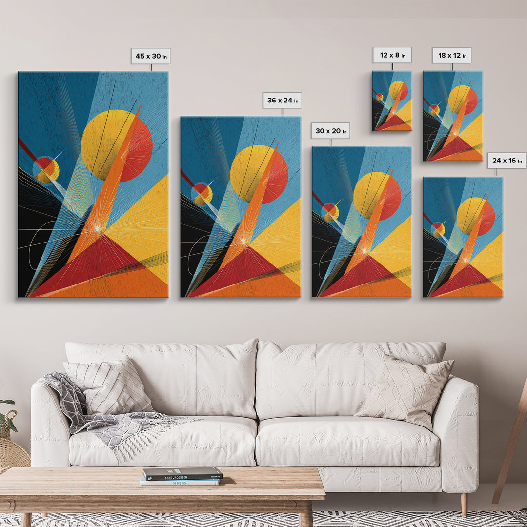 Bright Geometric Sun And Planets Wall Art, Mid Century Modern Abstract Poster, Colorful Bauhaus MCM Space Decor Print Gift