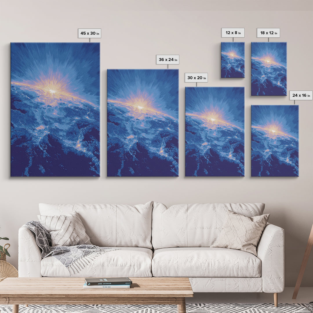 Blue Cosmic Earth Sunrise Framed Canvas Print, Modern Abstract Space Art, Midcentury Poster, Galaxy Home Office Decor Gift