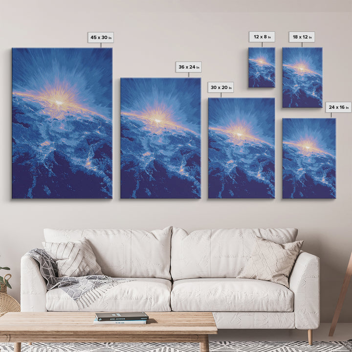 Blue Cosmic Earth Sunrise Framed Canvas Print, Modern Abstract Space Art, Midcentury Poster, Galaxy Home Office Decor Gift