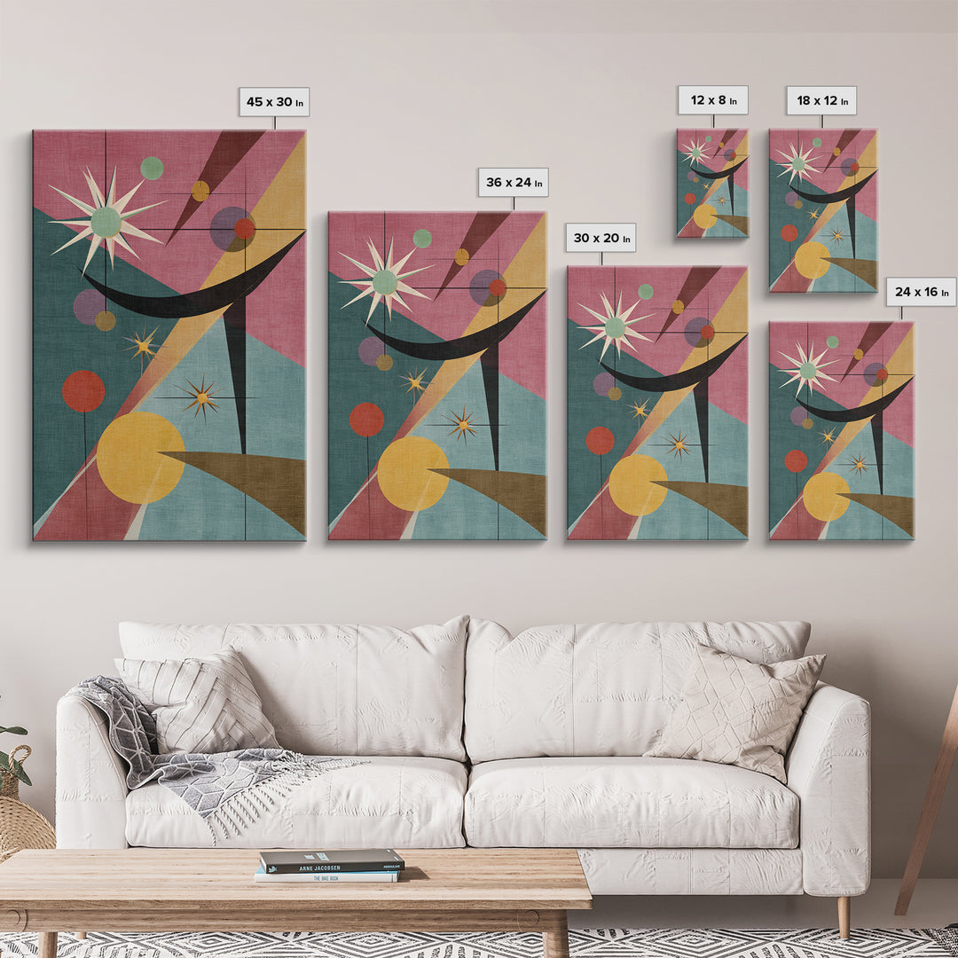 Pink Teal Atomic Starburst Abstract Wall Art, Mid Century Modern Poster, Retro Geometric MCM Living Room Decor Print Gift