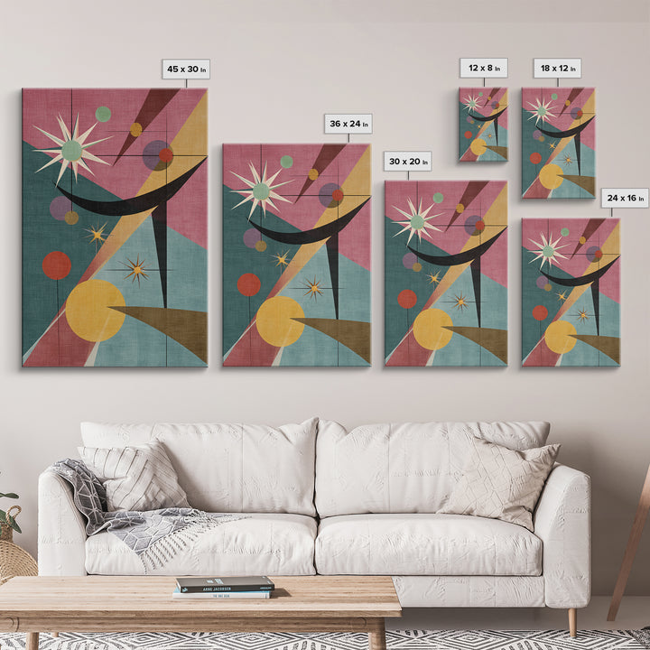 Pink Teal Atomic Starburst Abstract Wall Art, Mid Century Modern Poster, Retro Geometric MCM Living Room Decor Print Gift