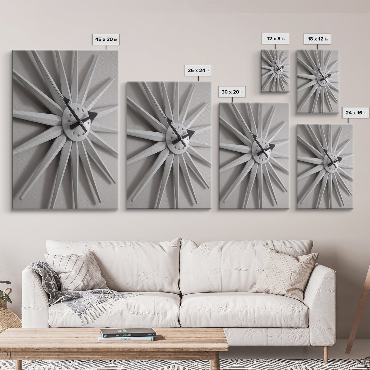 White Starburst Clock With Shadow Wall Art, Mid Century Modern Minimalist Poster, Geometric Wall Art, MCM Decor, Modern Art Print