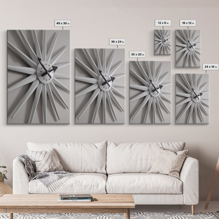 White Starburst Clock With Shadow Wall Art, Mid Century Modern Minimalist Poster, Geometric Wall Art, MCM Decor, Modern Art Print