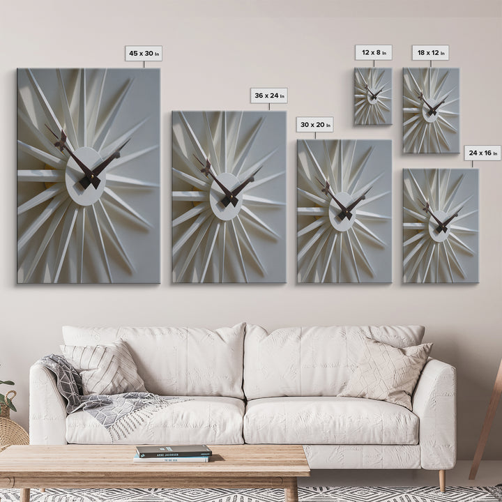 Minimal White Sunburst Clock Framed Canvas Print, Mid Century Modern Decor, Geometric Wall Art, Scandinavian Modern, MCM Artwork