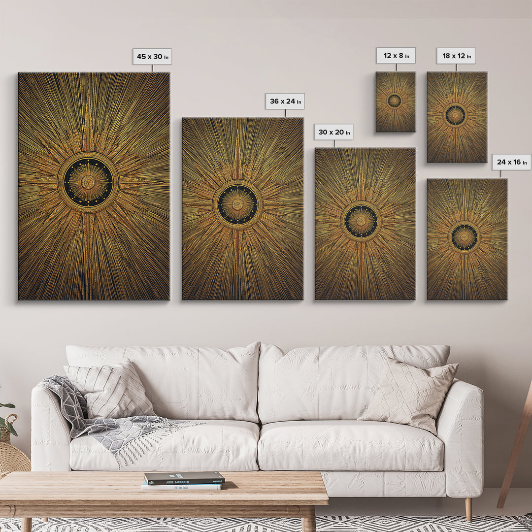 Ornate Gold Sunburst Clock Canvas Print, Midcentury Modern Art, Geometric Art Deco, Atomic Retro Wall Art, Statement Wall Decor