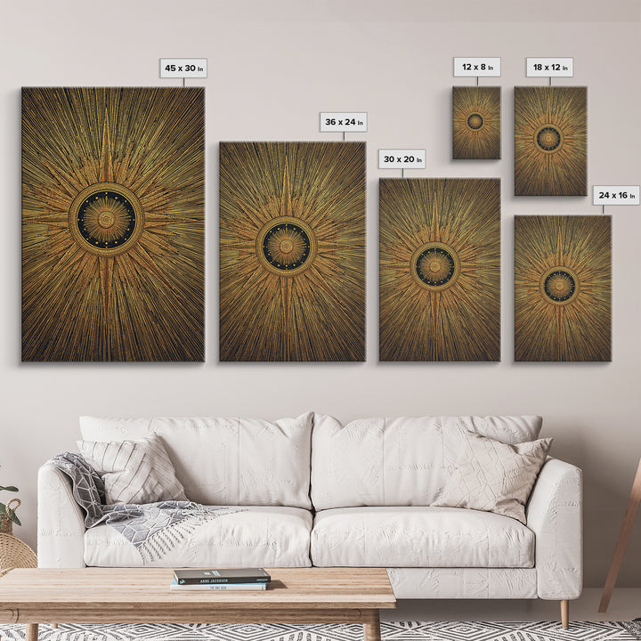 Ornate Gold Sunburst Clock Canvas Print, Midcentury Modern Art, Geometric Art Deco, Atomic Retro Wall Art, Statement Wall Decor