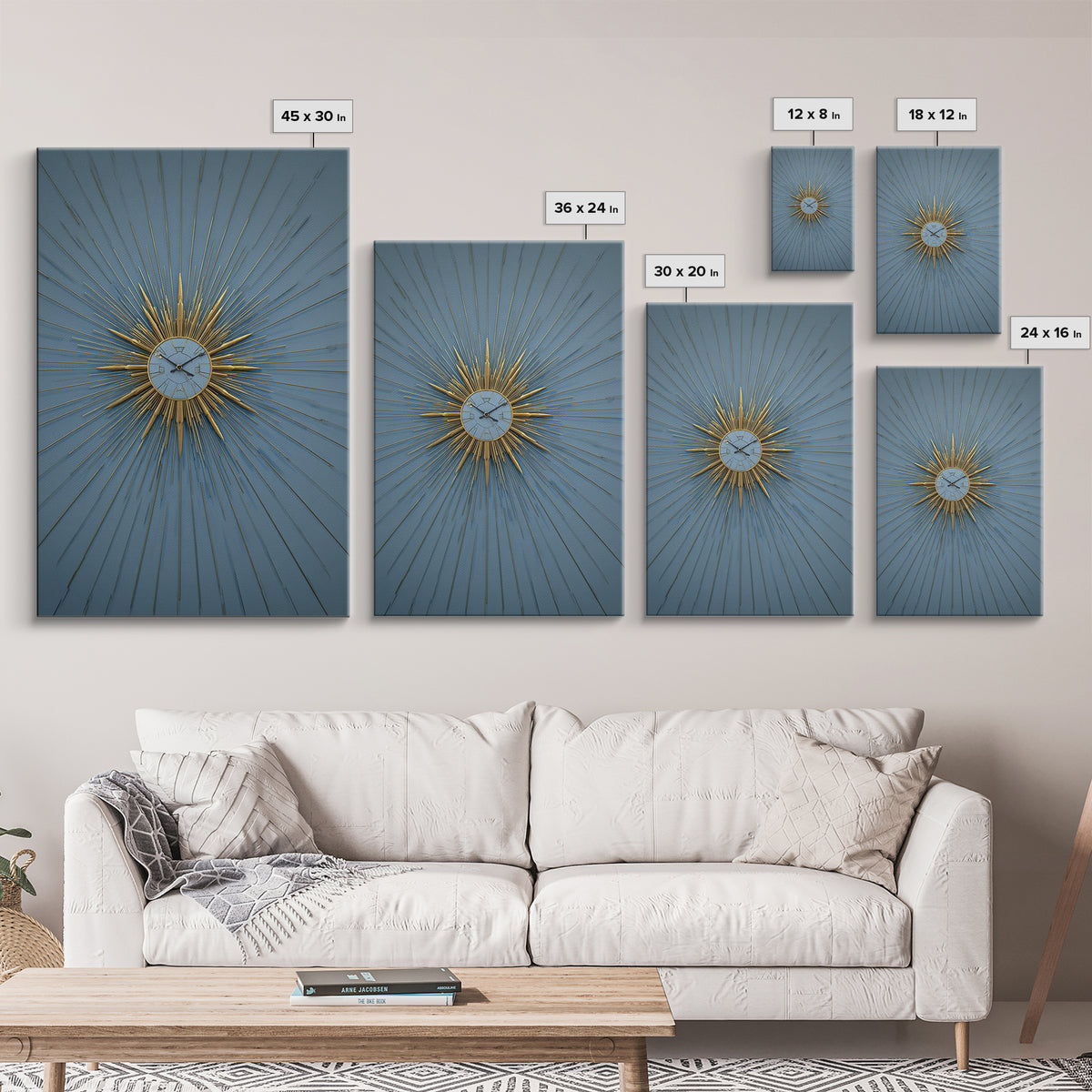 Blue And Gold Starburst Clock Framed Canvas Print, Mid Century Modern Decor, Atomic Wall Art, MCM Artwork, Large Canvas Print