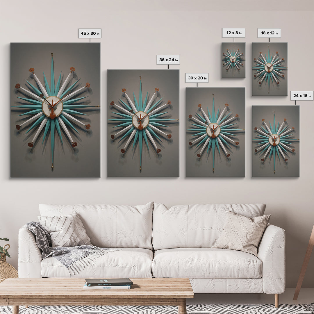 Teal White Atomic Starburst Clock Wall Art, Mid Century Modern Decor, Retro Wall Decor, Geometric Art Print, MCM Home Decor