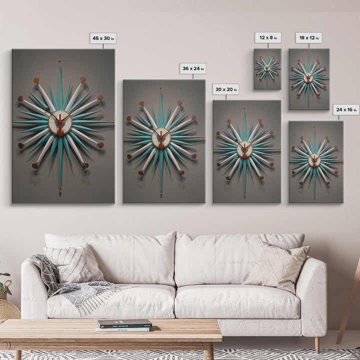 Teal White Atomic Starburst Clock Wall Art, Mid Century Modern Decor, Retro Wall Decor, Geometric Art Print, MCM Home Decor