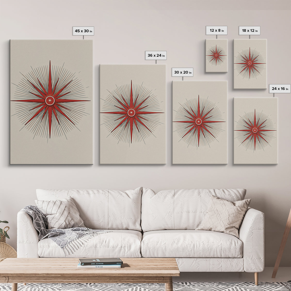 Red Compass Starburst Abstract Canvas Print, Mid Century Modern Art, Atomic Retro Poster, Geometric Wall Art, Minimalist Decor