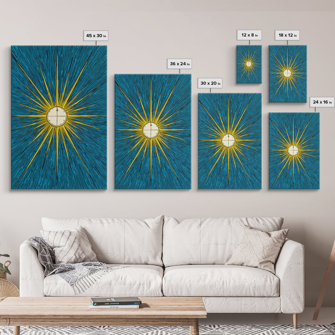 Radiant Atomic Clock Sunburst Wall Art, Midcentury Modern Art Print, Retro Sci Fi Poster, Blue Yellow MCM Decor For Office