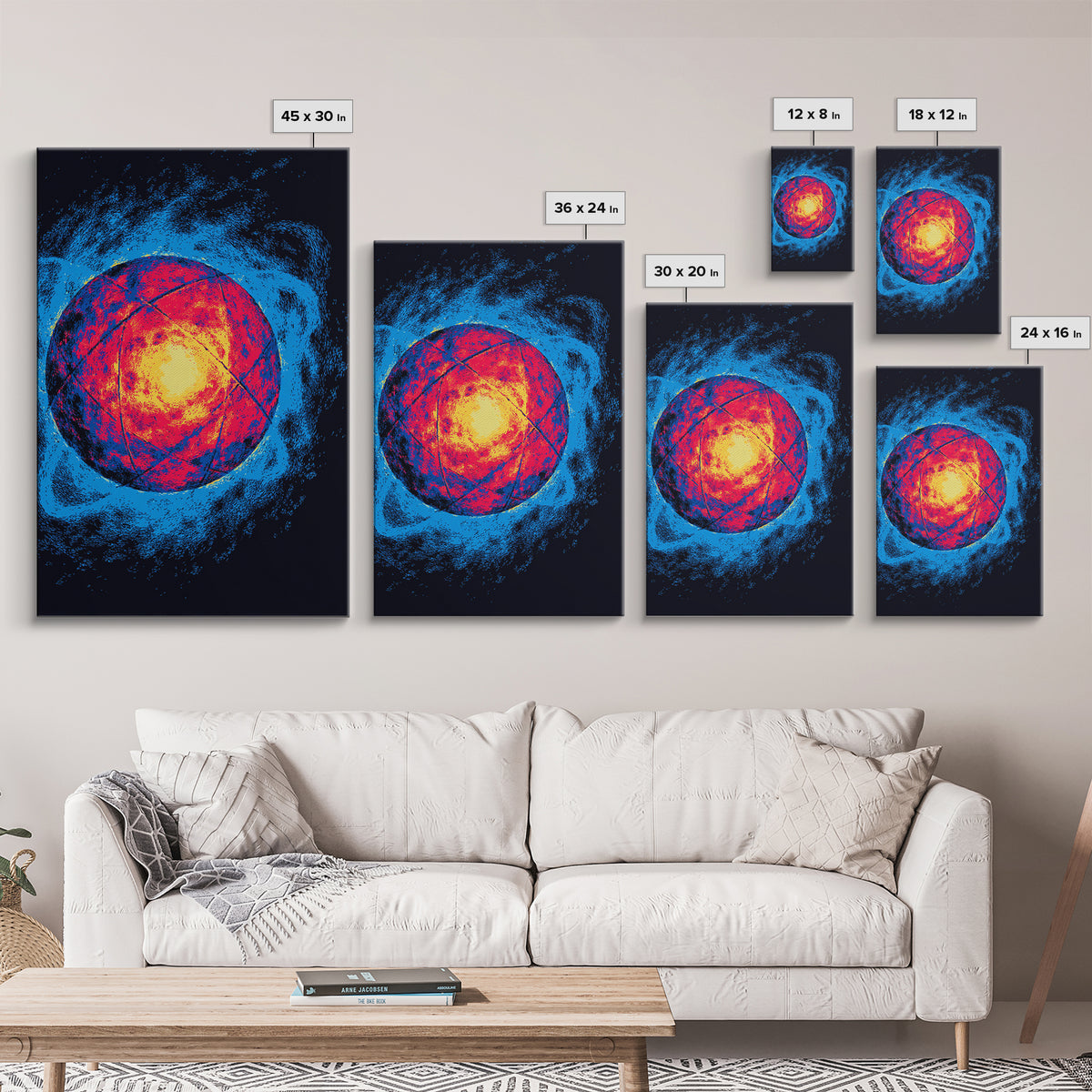 Glowing Quantum Sphere Wall Art, Modern Abstract Art Print, Atomic Retro Poster, Blue Orange Sci Fi Decor For Home Office