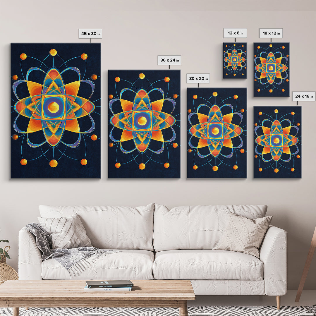 Colorful Atomic Mandala Framed Canvas Print, Midcentury Modern Wall Art, Geometric Sci Fi Poster, Retro Office Decor Gift
