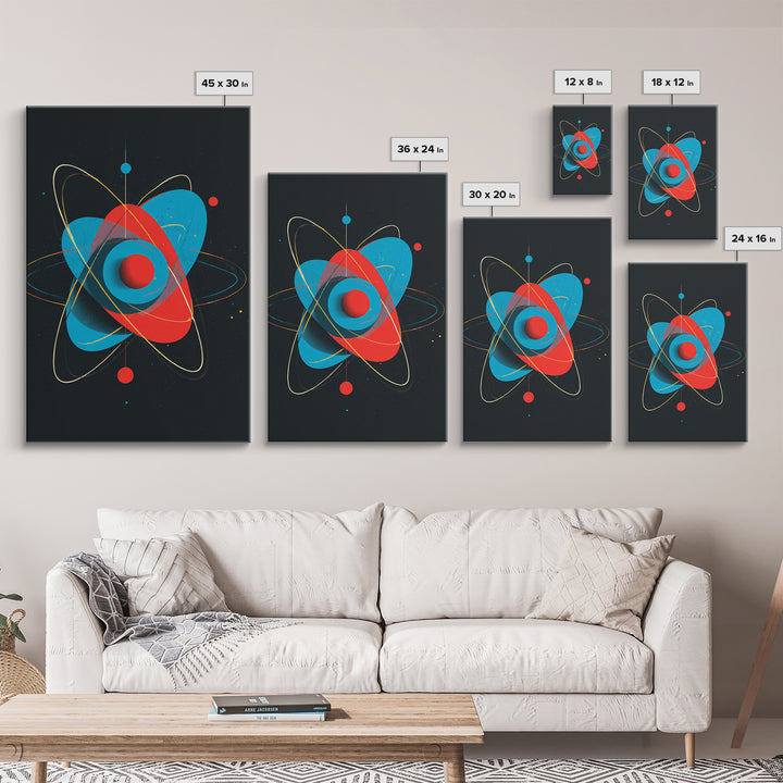 Modern Red Blue Atom Canvas Print, Midcentury Modern Art, Atomic Retro Wall Decor, Space Abstract Poster For Living Room