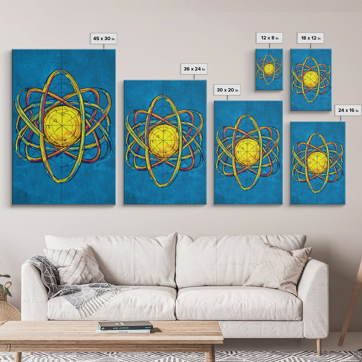 Electric Blue Atom Framed Canvas Print, Midcentury Modern Wall Art, Retro Science Poster, Yellow Orb Decor For Home Office