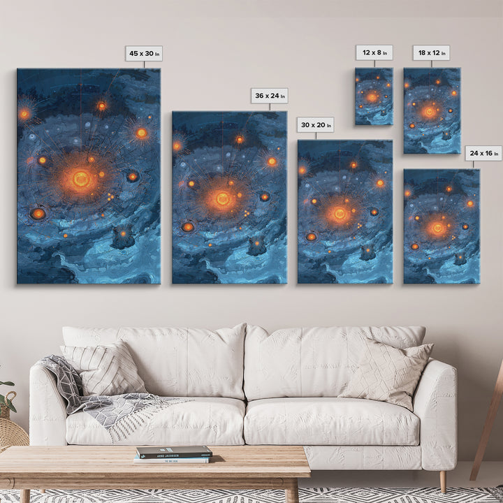 Blue Orange Planetary Orbit Canvas Print, Midcentury Modern Abstract Space Art, Atomic Poster, Geometric Office Decor Gift