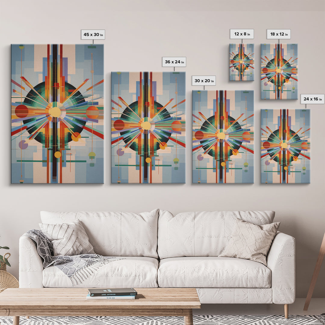 Geometric Atomic Sunburst Canvas Print, Midcentury Modern Wall Art, Bauhaus Abstract Poster, Colorful Retro Home Decor Gift