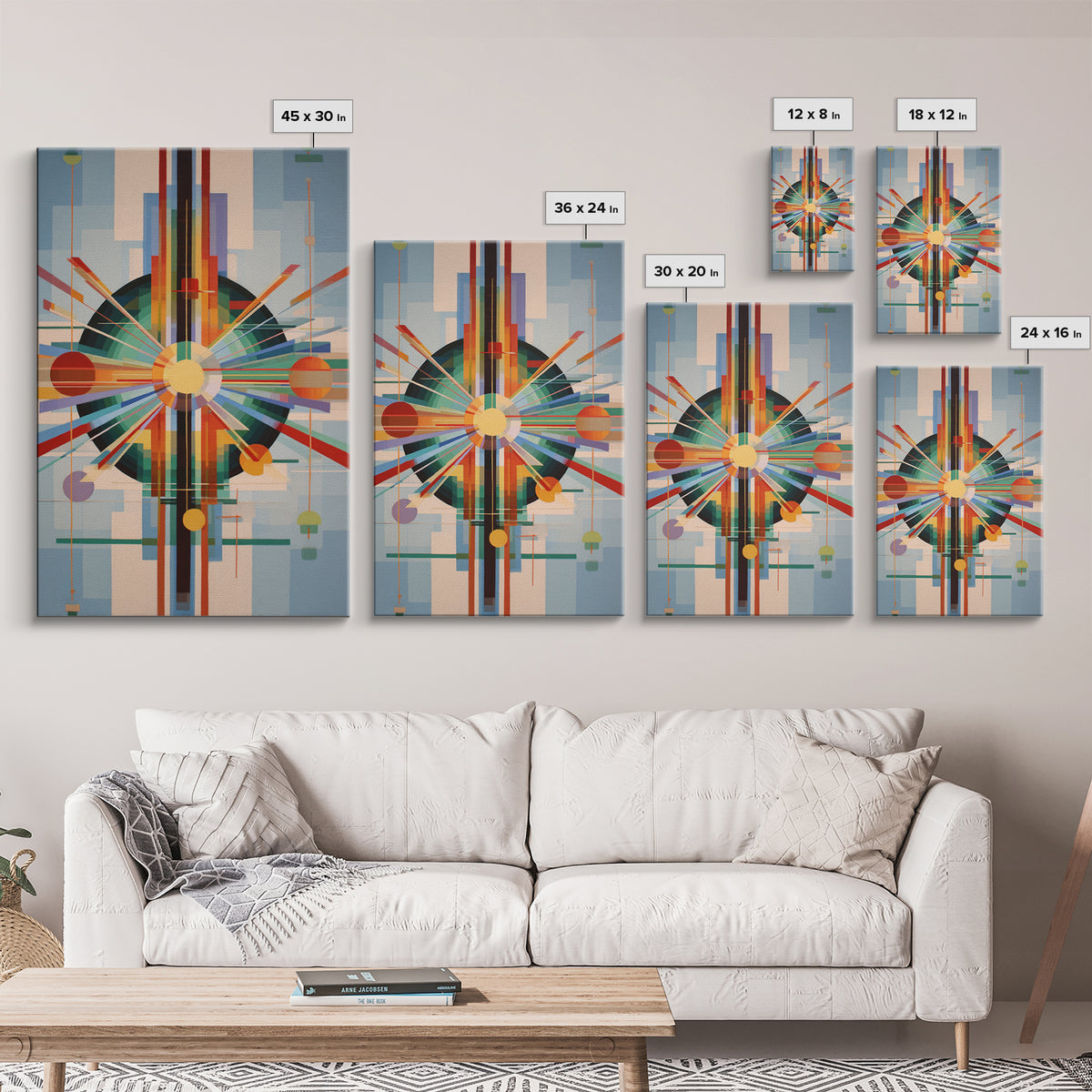 Geometric Atomic Sunburst Canvas Print, Midcentury Modern Wall Art, Bauhaus Abstract Poster, Colorful Retro Home Decor Gift