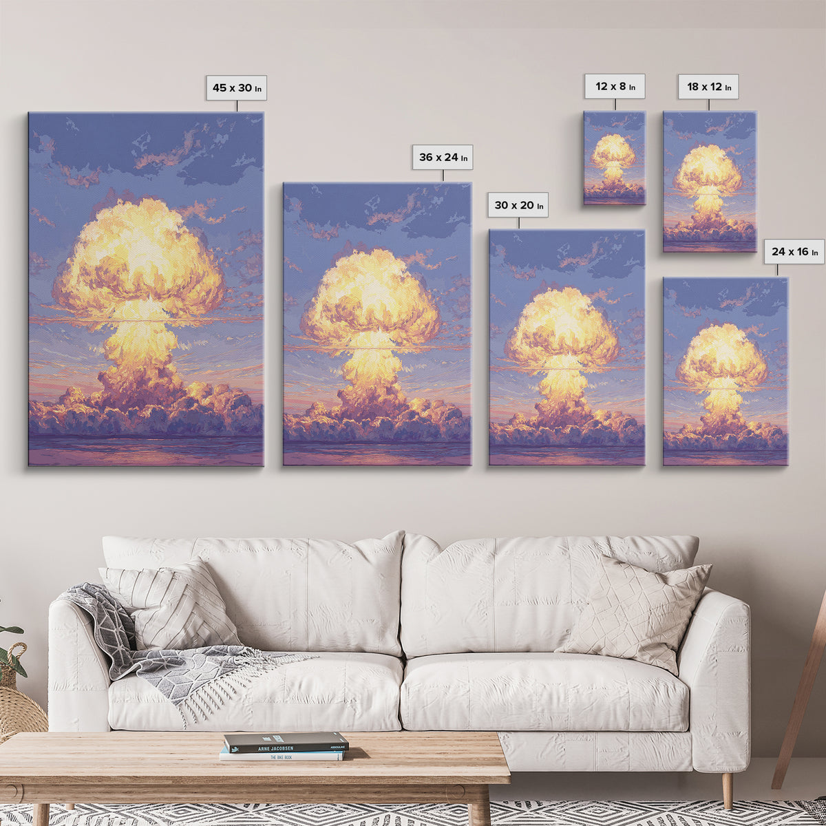 Glowing Nuclear Mushroom Cloud Over Ocean Wall Art, Retro Sci Fi Poster, Atomic Sunset Print, Dramatic Modern Wall Decor