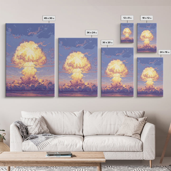 Glowing Nuclear Mushroom Cloud Over Ocean Wall Art, Retro Sci Fi Poster, Atomic Sunset Print, Dramatic Modern Wall Decor