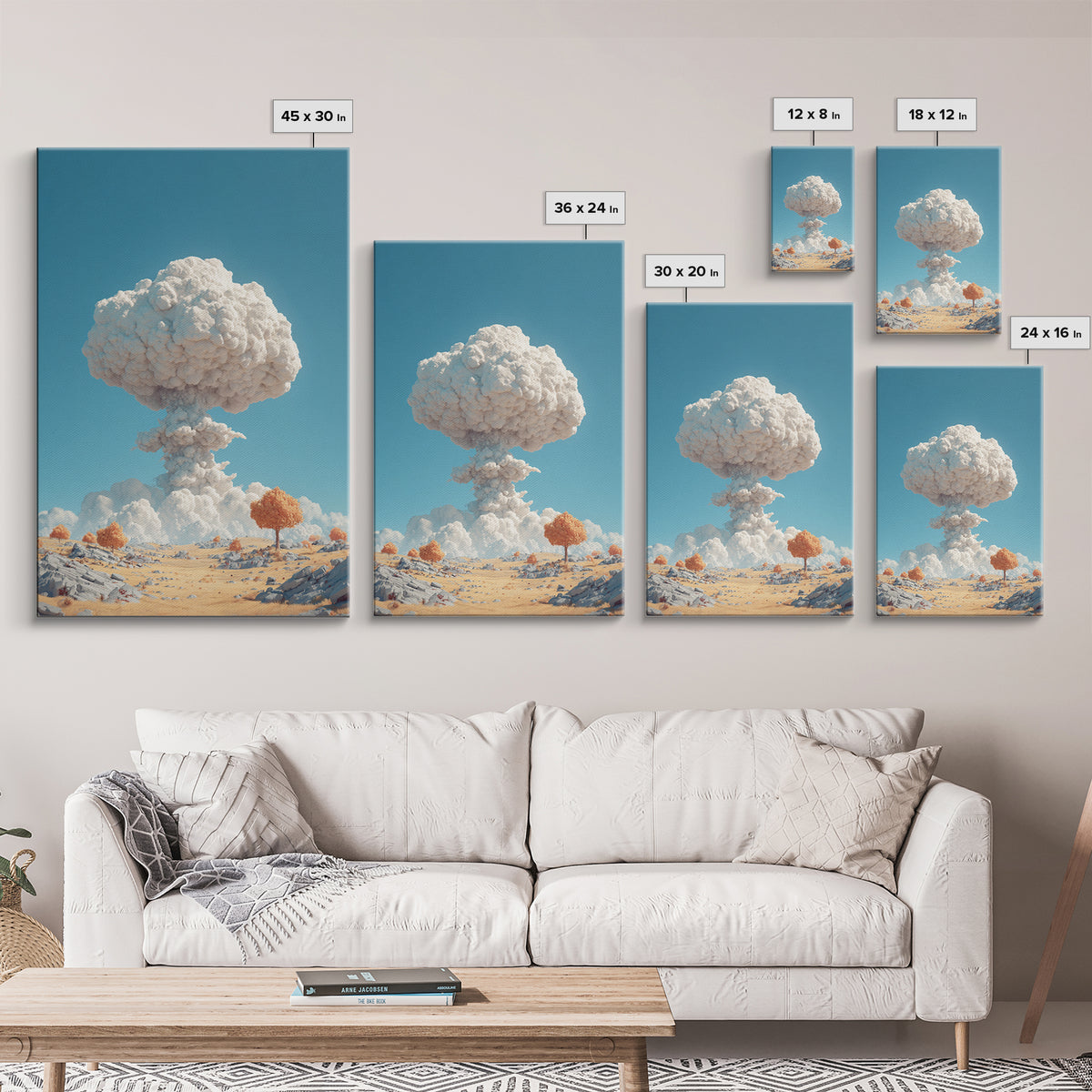 White Mushroom Cloud In Desert Landscape Framed Canvas Print, Surreal Atomic Art, Modern Wall Decor, Blue Sky Poster Print