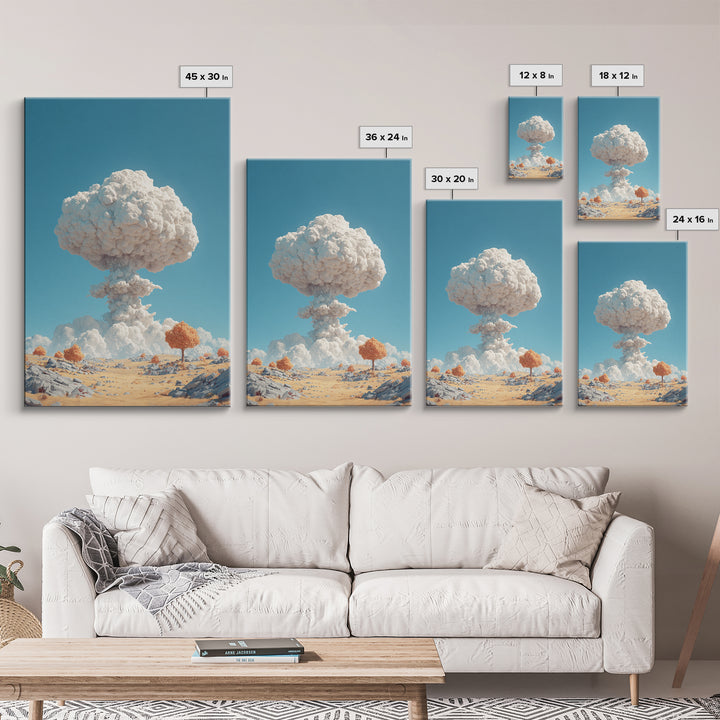 White Mushroom Cloud In Desert Landscape Framed Canvas Print, Surreal Atomic Art, Modern Wall Decor, Blue Sky Poster Print
