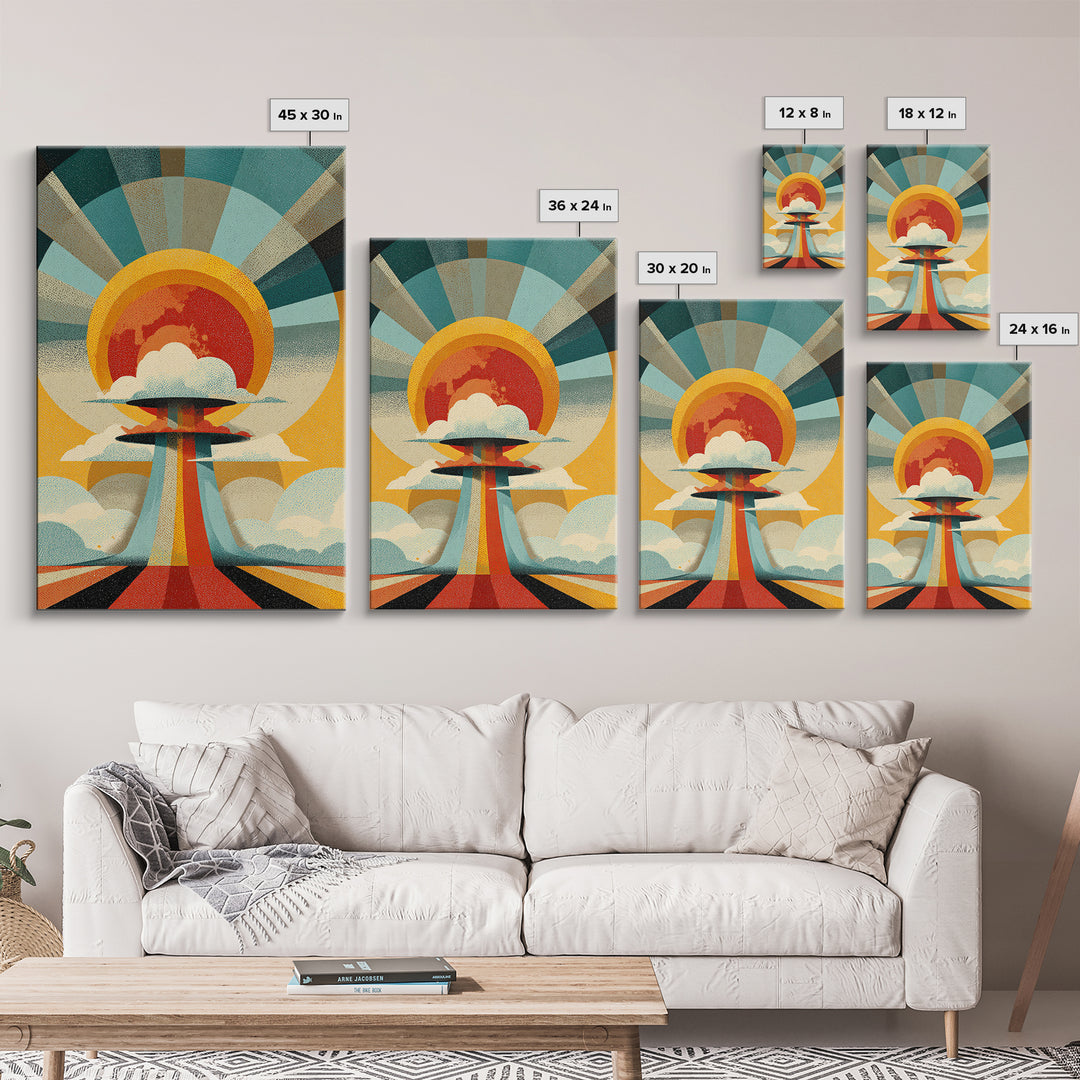 Retro Sunburst UFO Cloud Tower Canvas Print, Atomic Midcentury Modern Wall Art, Space Age Poster, Bold Geometric Decor Print