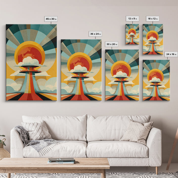 Retro Sunburst UFO Cloud Tower Canvas Print, Atomic Midcentury Modern Wall Art, Space Age Poster, Bold Geometric Decor Print