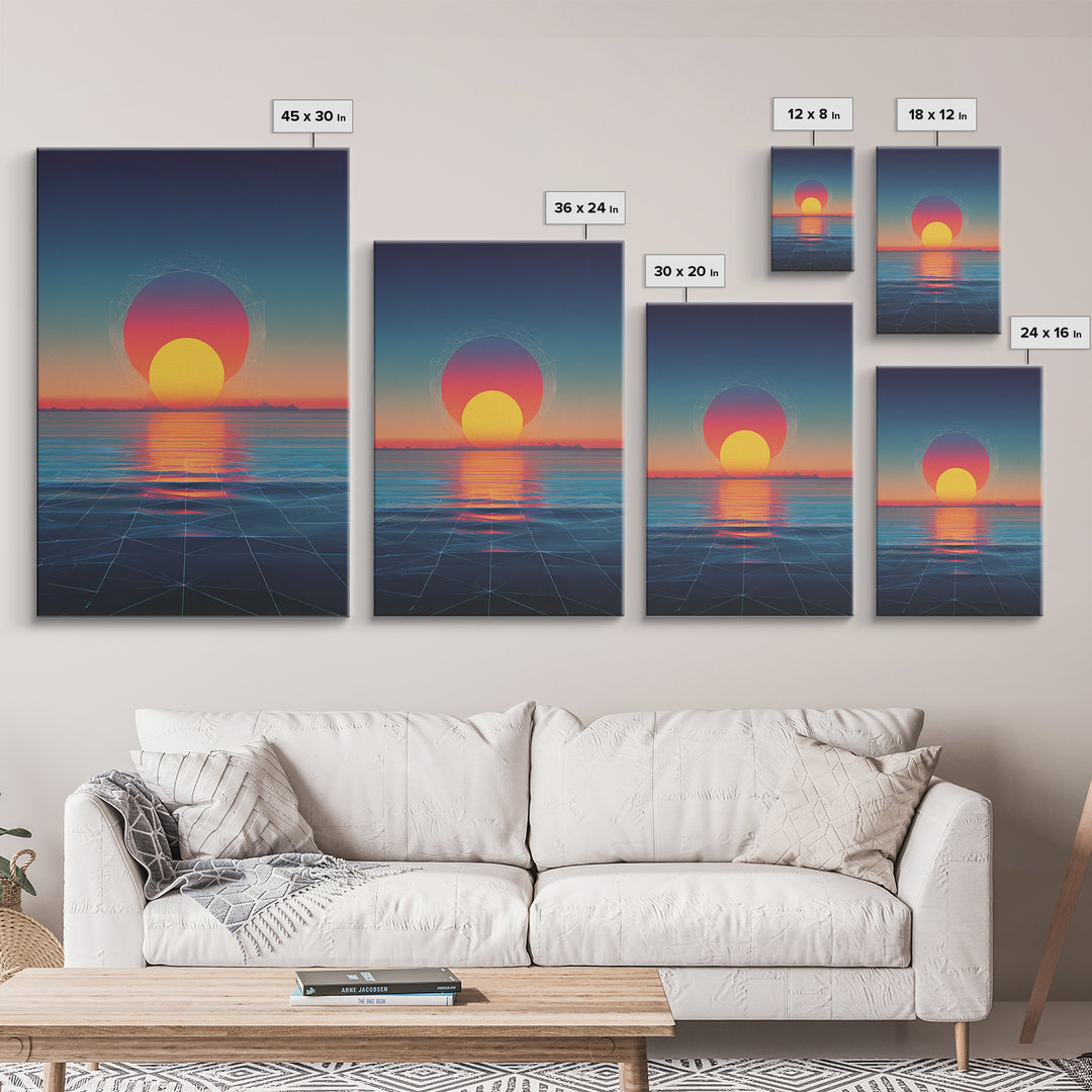 Neon Sunset Over Ocean Grid Wall Art, Synthwave Retro Poster, Vaporwave Modern Wall Decor, 80s Digital Art Print, Futuristic Decor